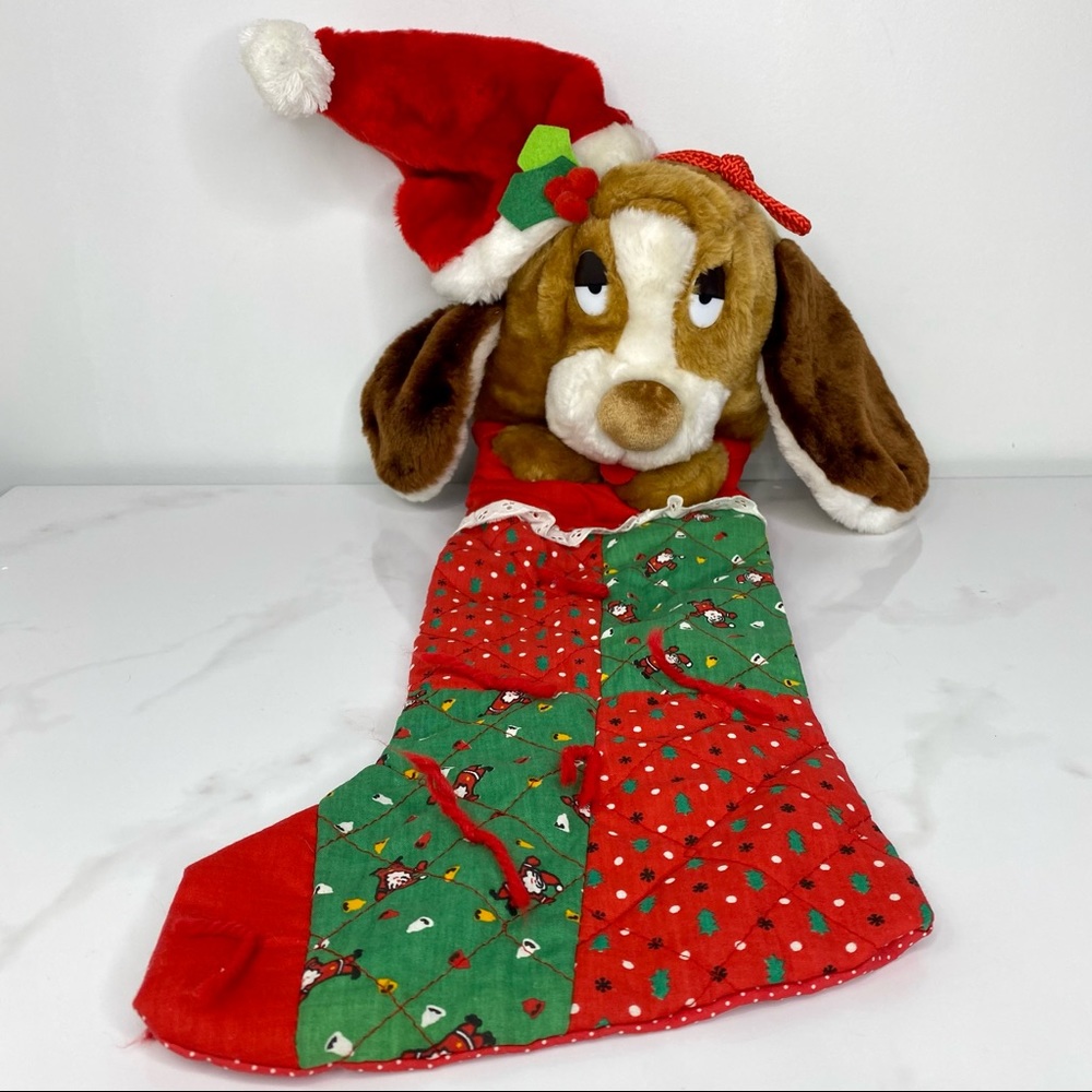 Vintage Smithy BASSET HOUND Dog Christmas Stocking Plush Quilted Patchwork 23”